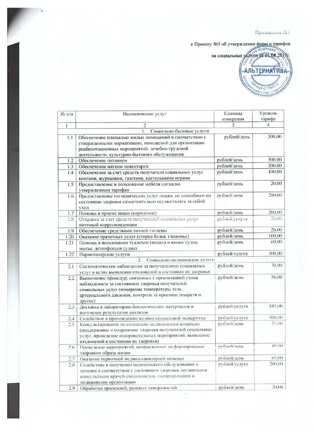 Прайс-лист, Гостевой дом для пожилых «Тульский»